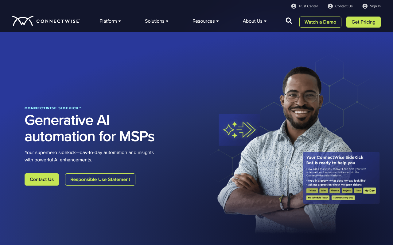 ConnectWise Sidekick, the generative AI assistant for ConnectWise Manage, as shown on the ConnectWise platform page