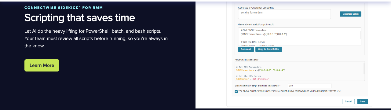 ConnectWise Sidekick for RMM generating a PowerShell script, with the review-before-run confirmation a technician has to tick