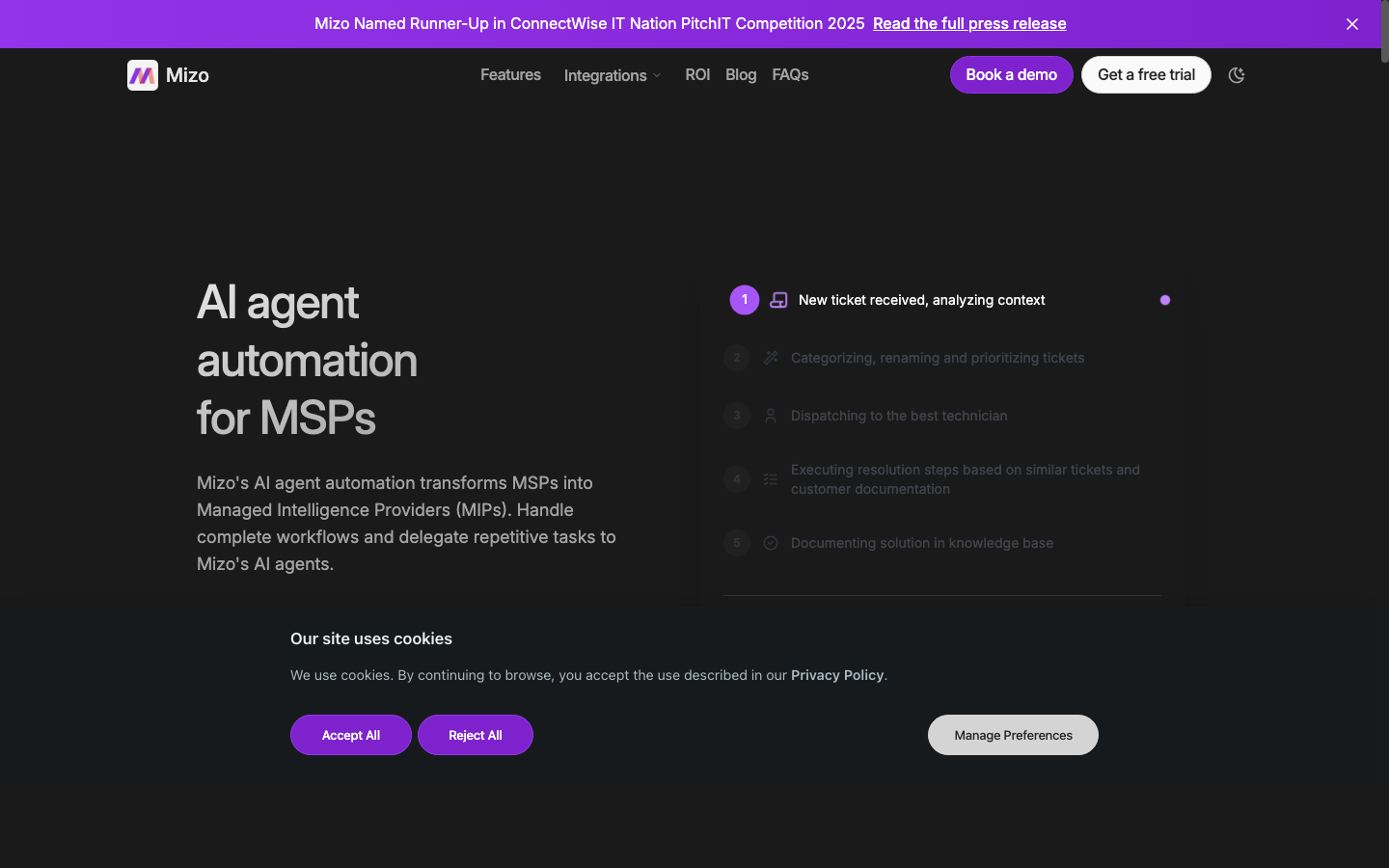 A screenshot of Mizo's landing page.