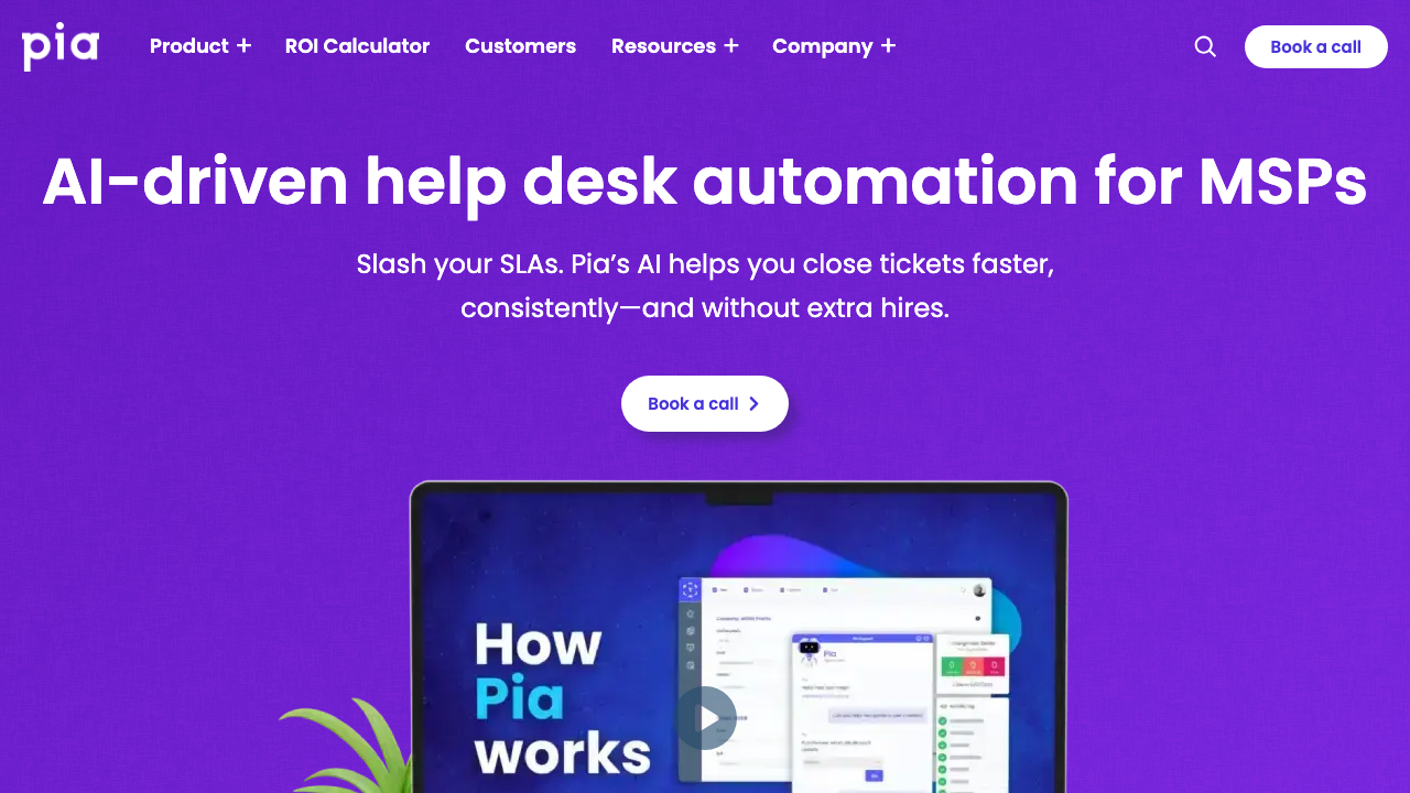 Pia AI platform interface for MSP ticket management